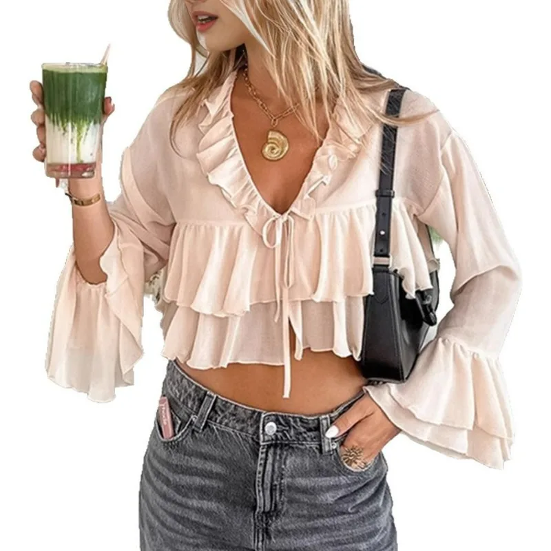 Chiffon-Rüschenhemd für Damen, 2025, Sommer, neuer Stil, französisch, elegant, rosa, V-Ausschnitt, langärmelig, Top, Großhandel für Damenbekleidung