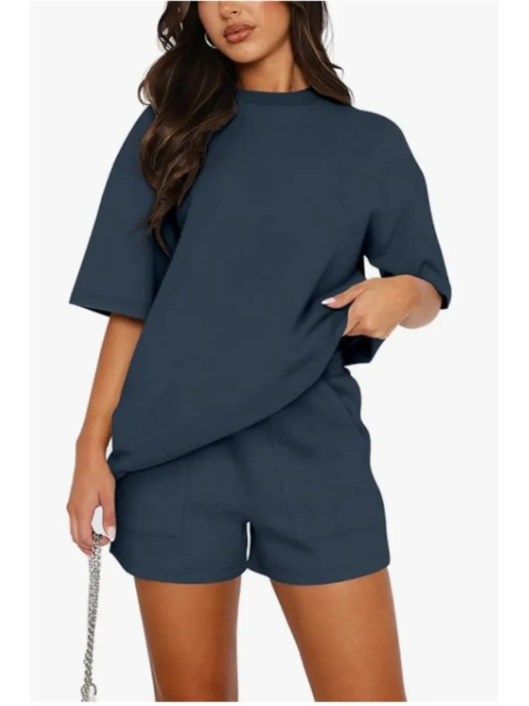 Casual Loose Set Lady Fashion Solid O Neck Short Sleeve Tops+Shorts Two Piece Sets For Women Summer Sports Womens Clothing New