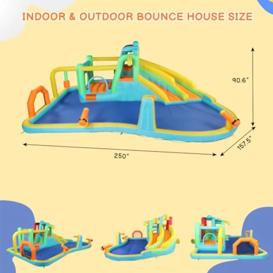 Opblaasbaar springhuis, springende buitenluchtkasteel uitsmijter dubbele waterglijbaan met 750W luchtblazer (250" x 157,5" x 90,6" H