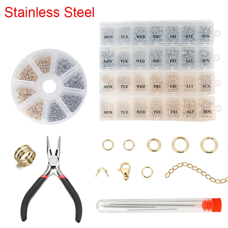 Stainless Steel Open Jump Rings Lobster Clasps End Crimp Spacer Bead Cover Supplies For Diy Necklace Jewelry Making Kit Set Box