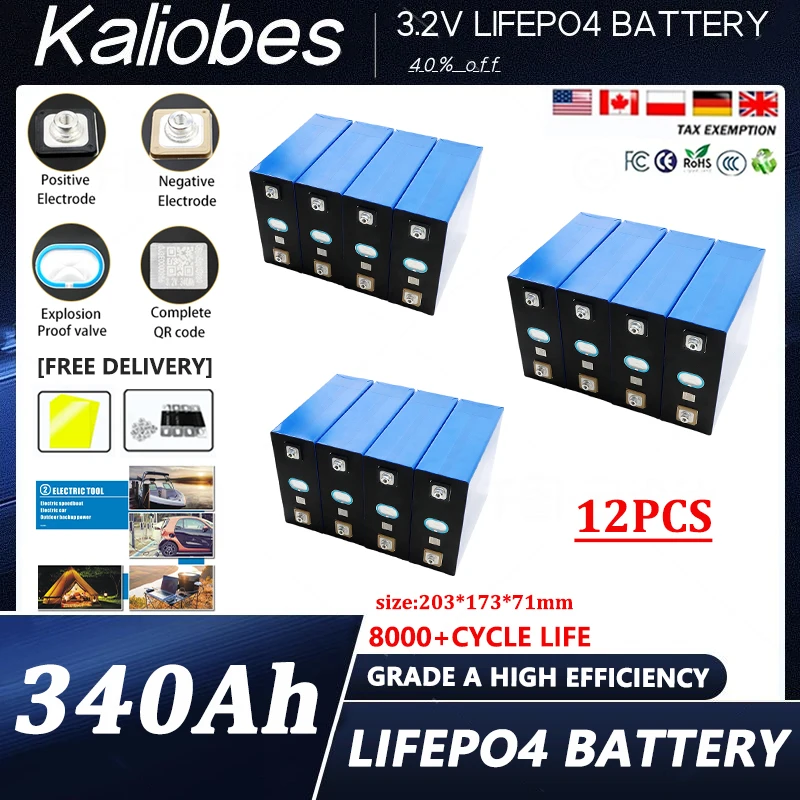 12pcs New 2025 Grade A electric vehicle marine solar system 340Ah LiFePO4 3.2V battery DIY  48V high energy density battery pack