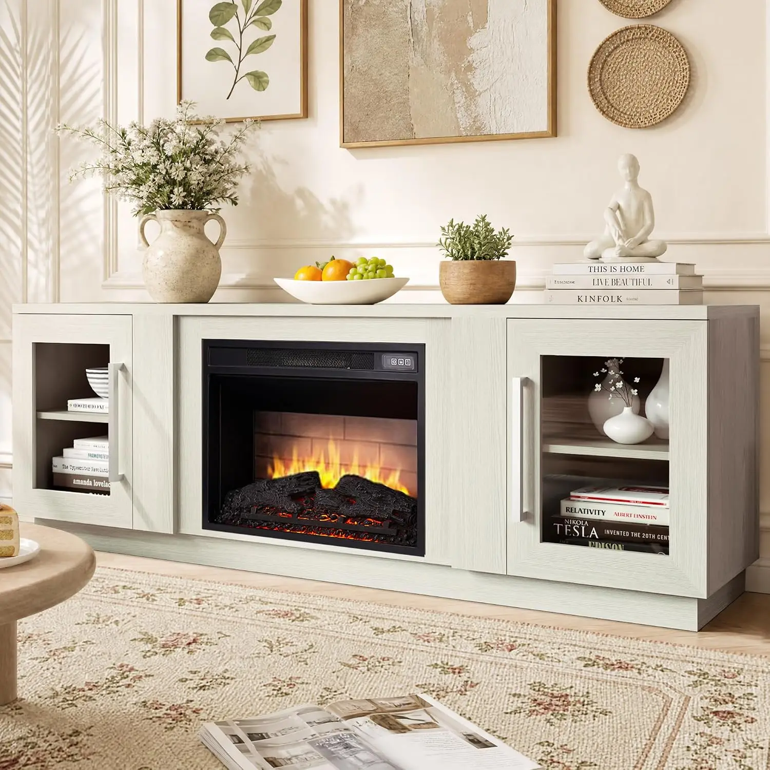 Electric Fireplace TV Stand Wooden Media Center W/Storage & Barn Door Remote For TVs Up To 80'', Antique White, Customized