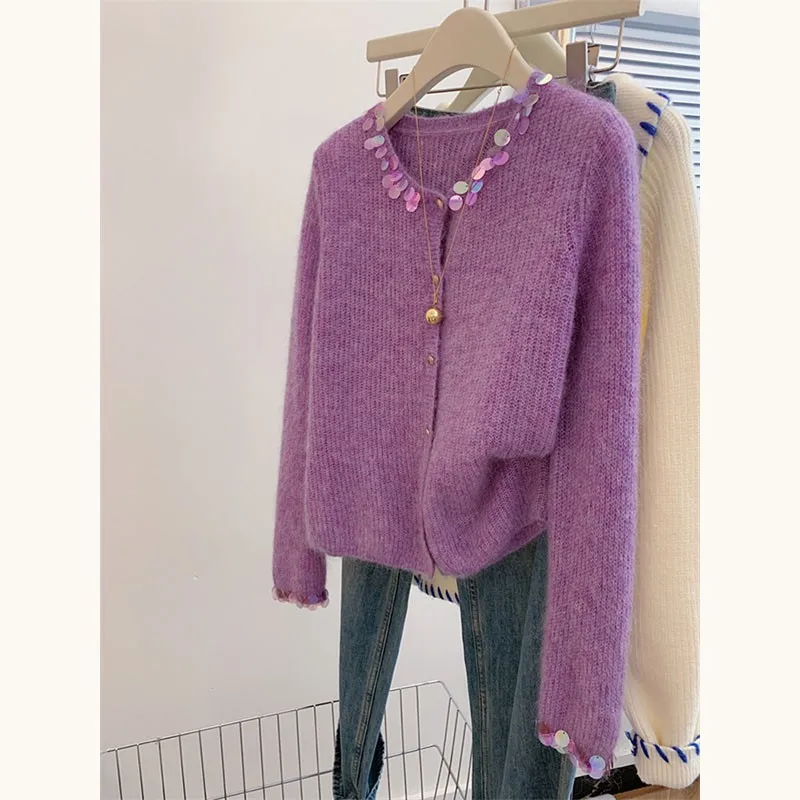 

Корейский Sle Heavy Work Camere шерстяной фиолетовый вязаный свитер открытый кардиган женский мягкий уютный осенне-зимний ленивый аосфера