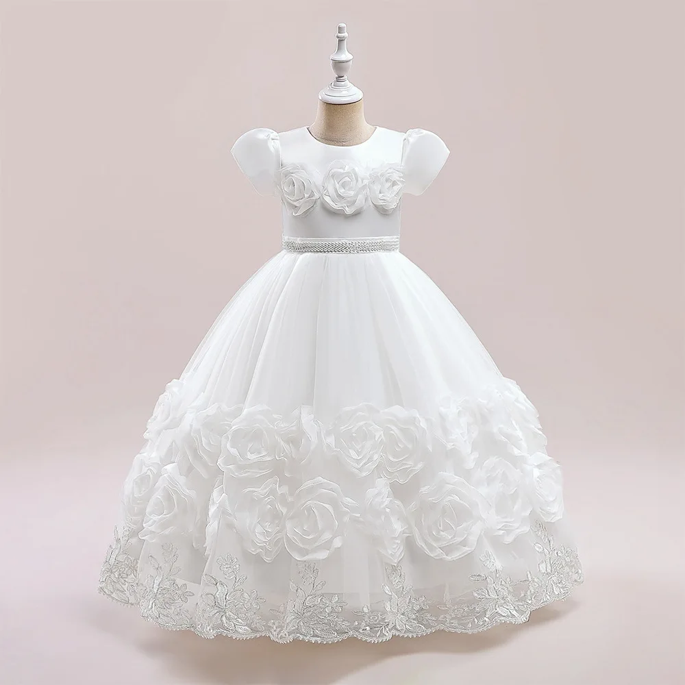 Puffy Flower Girl Dress For Weddings Bridesmaid White Dress Teen Girls Baptismal Costume Lace Long Dress Children's Prom Dresses