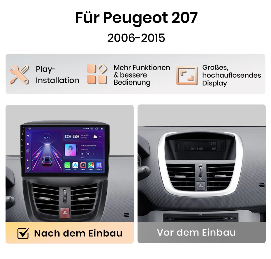 Junsun 9-Zoll Android 15 Autoradio für Peugeot 207 CC 207CC 2006 - 2015, kabellos für Apple CarPlay, Auto-IPS-Bildschirm, Stereo-Multimedia-Videoplayer, intelligente Fahrzeugsysteme, 2-DIN-Autoradio-Haupteinheit, GPS-Navigation, BT, 4G, WLAN, FM, AM, DSP, RDS, SWC, DAB+ – Detail 6