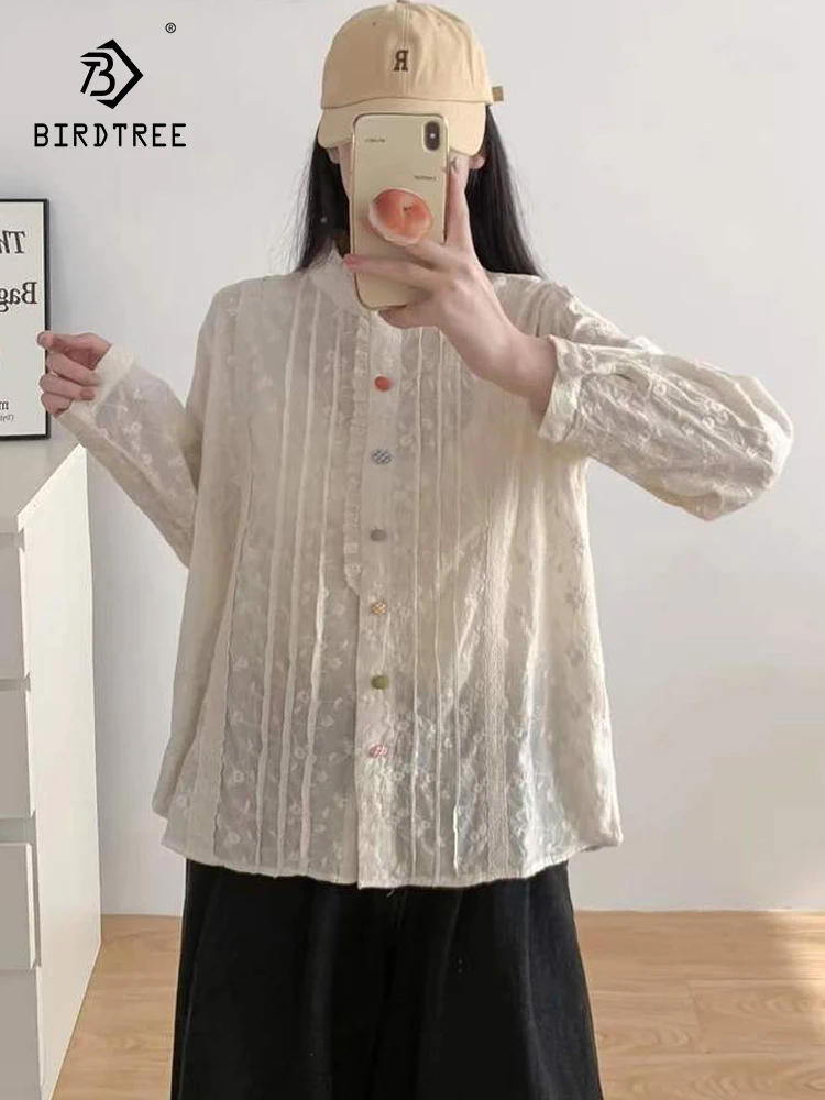 

Новинка 2026, весенняя хлопковая рубашка с длинным рукавом, женская вышивка-стойка, шикарная свободная блузка с французскими красочными пуговицами Mori Girl T5D885CC