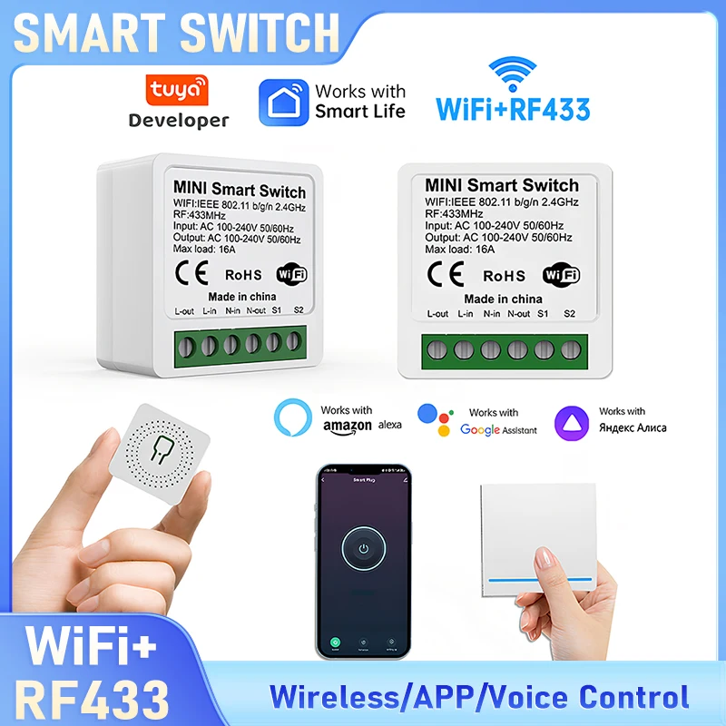 Tuya WiFi+RF433 Smart Switch No Wiring Stick-on Wireless Remote Control Relay Module Work With Google Home/Alexa