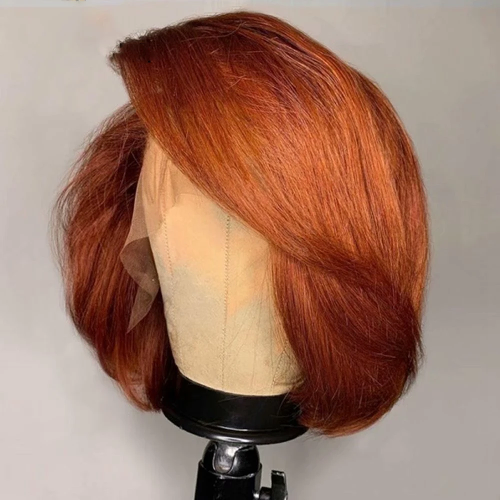 Peluca corta de encaje frontal para mujeres negras, pelo de bebé sin pegamento, Bob suave, 180de densidad, liso, naranja jengibre, prearrancado