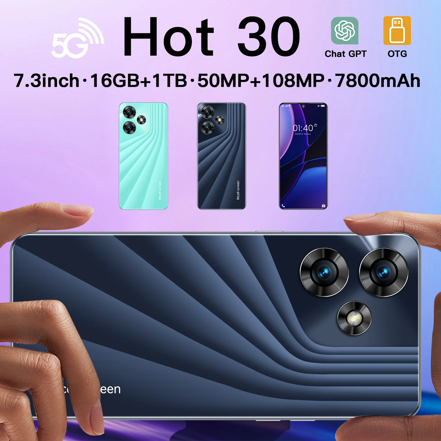 Global Version Hot 30 5G Smartphone 7.3 Inch HD Full Screen 16GB RAM+1024GB RAM Dimensity 9200+ Android Phone Unlocked Celulares