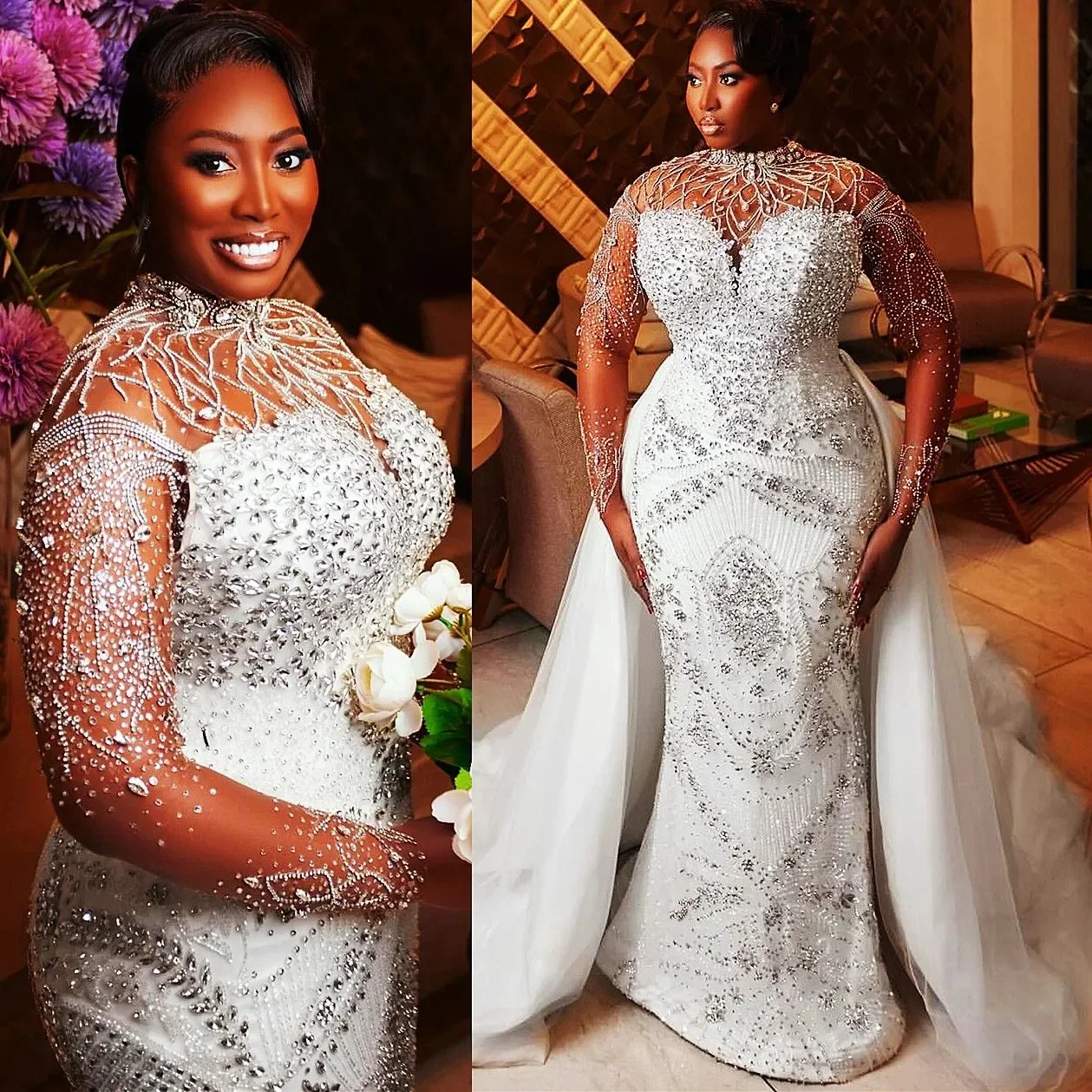 Customized Arabic Aso Ebi Plus Size Off White Lace Mermaid Wedding Dresses Luxurious Lace Rhinestones Full Sleeves Detachable