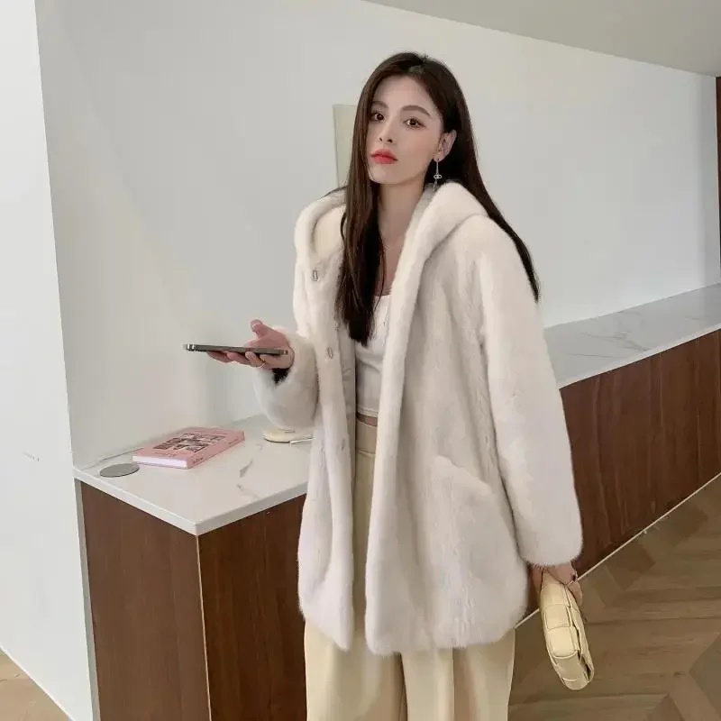 Natural Mink Fur Coat Women Luxury Winter Real Fur Coats Hooded Mid-legnth Mink Fur Jacket Women Elegant Outwear Manteaux Femmes