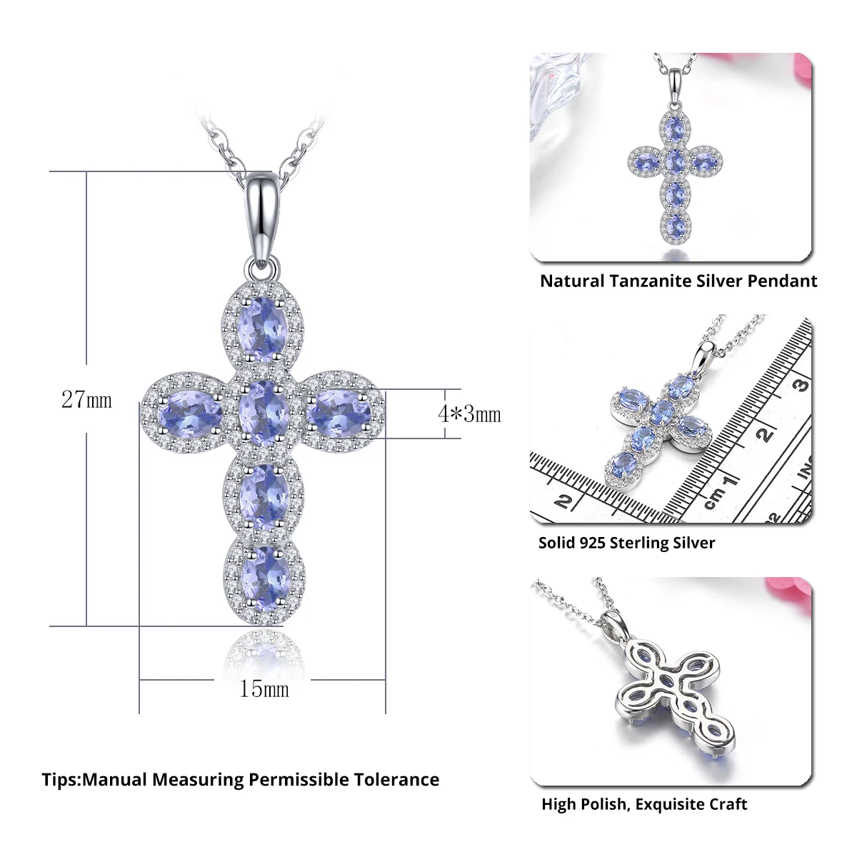 Natural Tanzanite Sterling Silver Pendants 1.13 Carats Genuine Gemstone Women Cross Pendant S925 Rhodium Plated Gifts