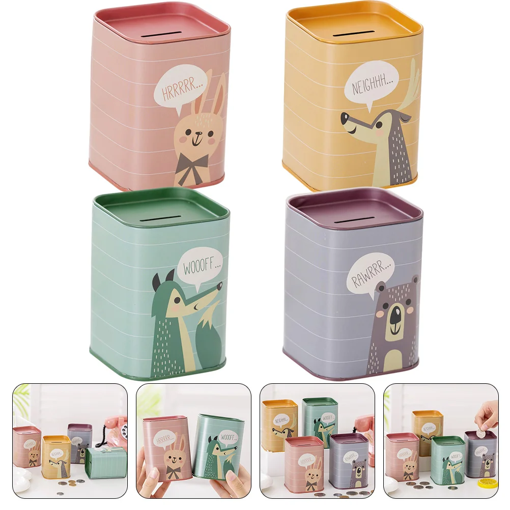 

4 Pcs Tinplate Piggy Bank Desktop Square Sealing Coin Holder Simple Money Pot Saving Baby