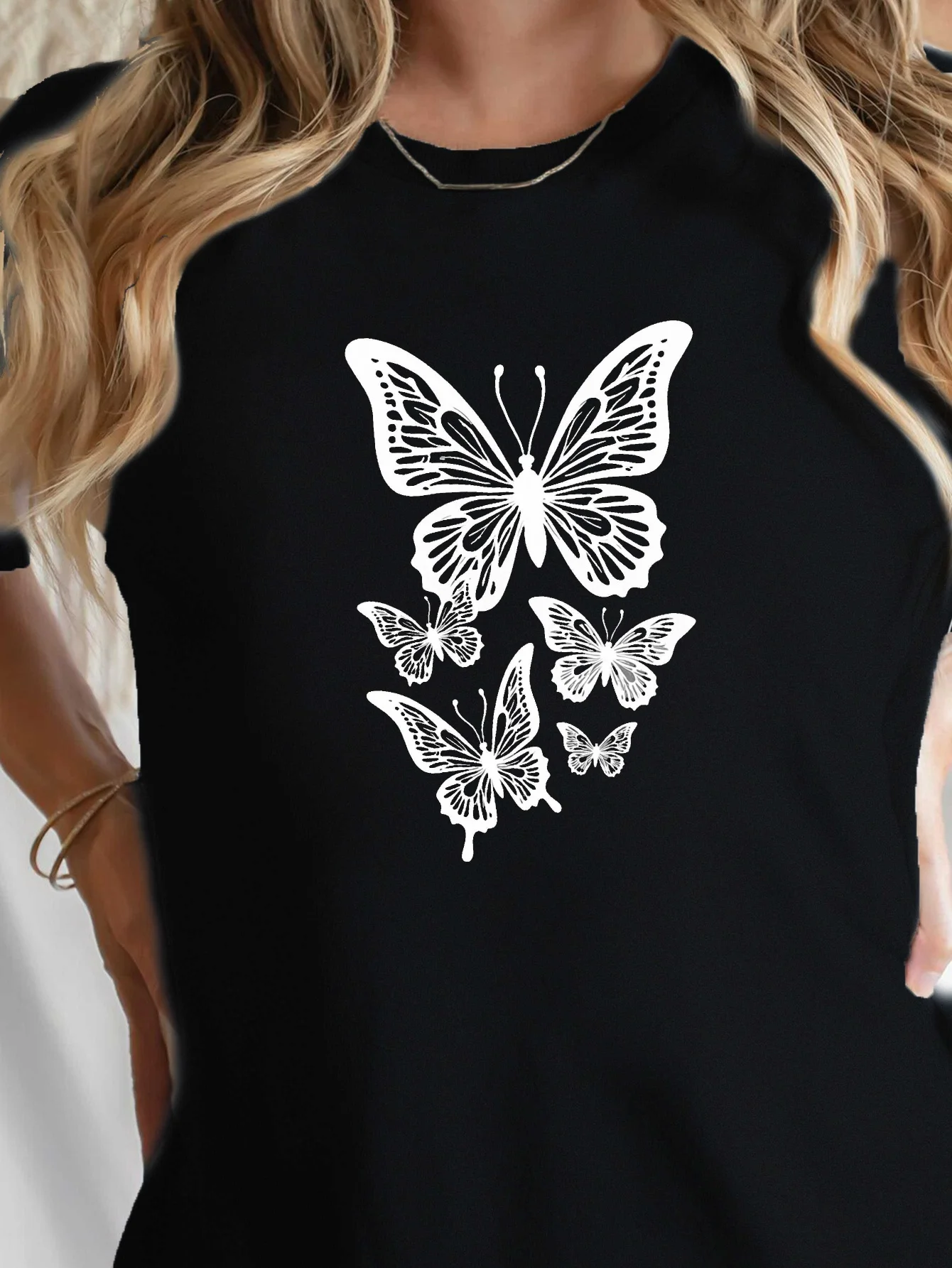 Mujer elegante mariposa blanca racimo transpirable puro diario Casual Harajuku manga corta Harajuku ropa de calle