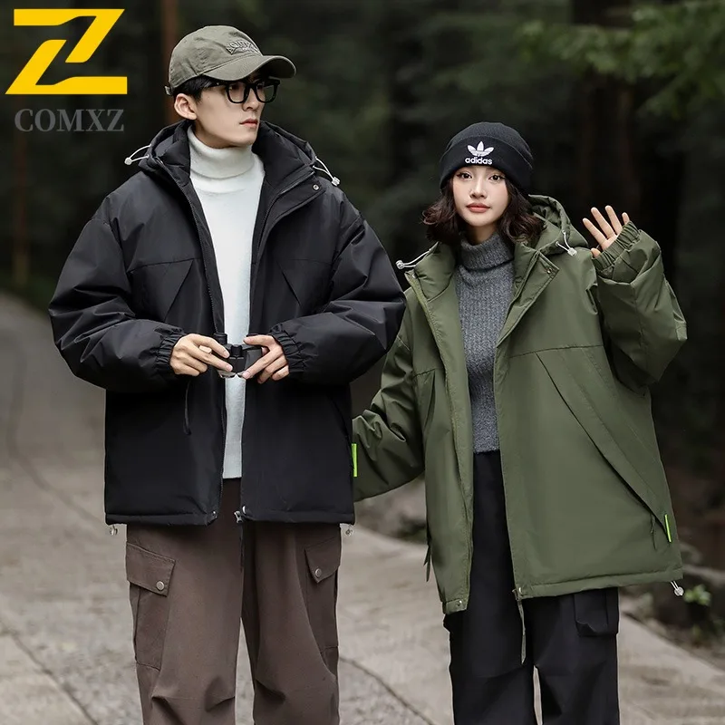 COMXZ Men Duck Down Mountain Hooded Waterproof Jacket American Style Vintage Winter cotton-padded Outdoor Sport Lightweight Coat