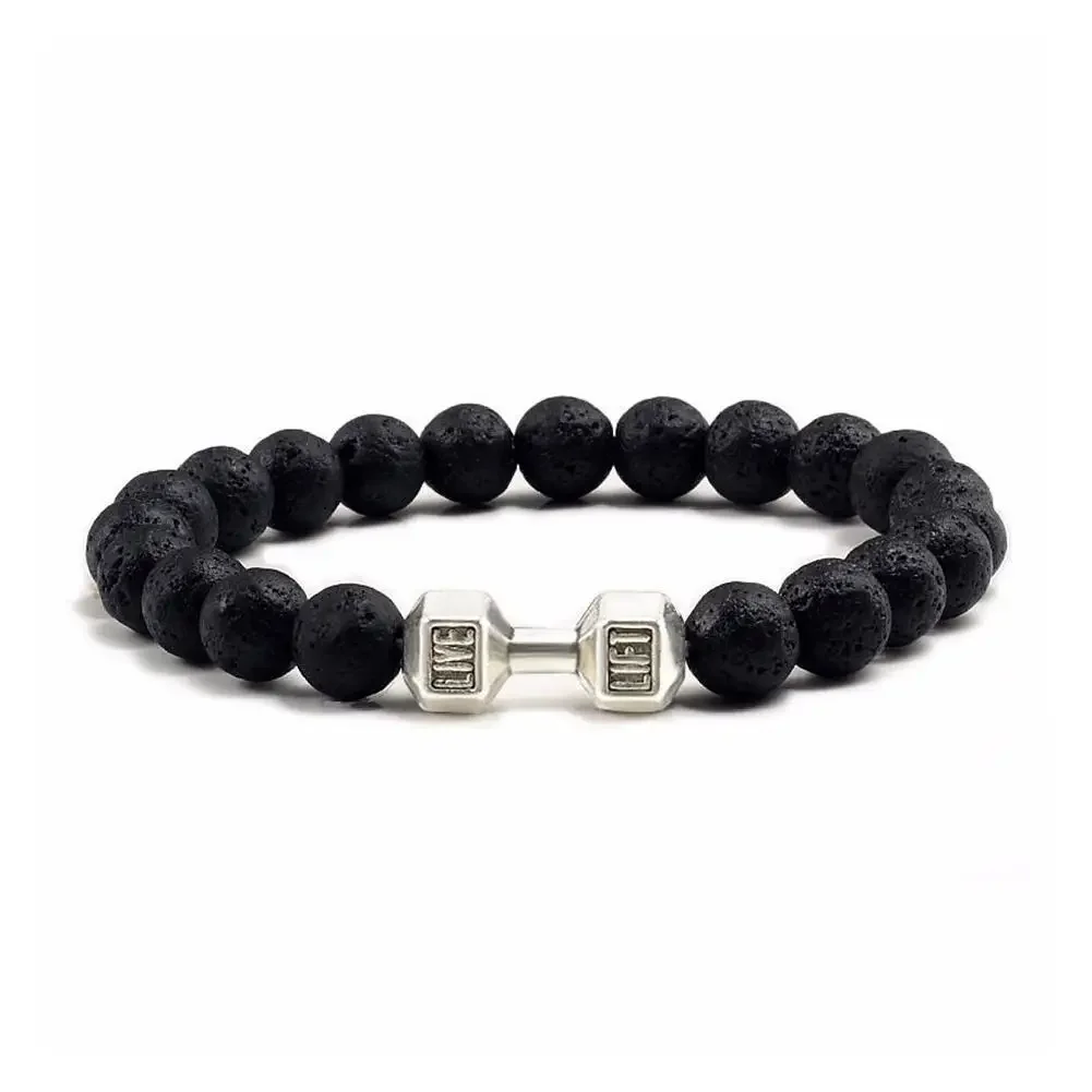 New Natural Black Volcanic Lava Stone Dumbbell Bracelet Black Matte Beads Bracelets Fitness Barbell Jewelry Pulseras for Women