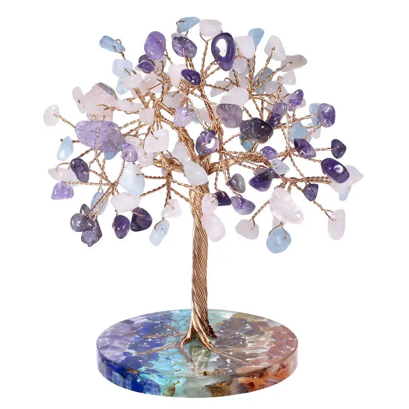 Natural Seven Color Crystal Crushed Stone Ornaments Circular Resin Base Lucky Tree Ornament Desktop Crystal Handicraft Ornaments