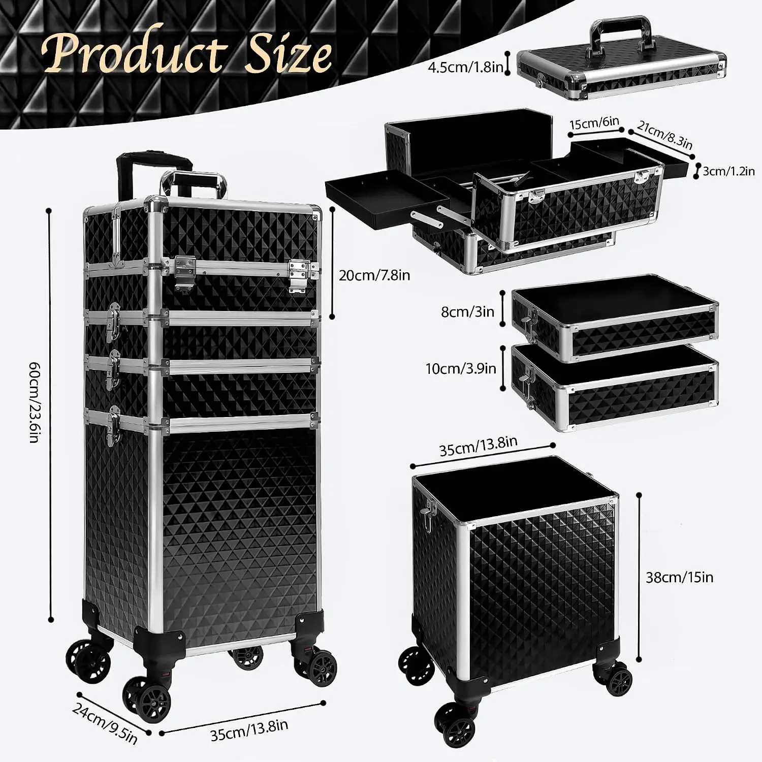 Rolling Makeup Train Case, Cosmetic Trolley Luggage Box, Salon Beauty Barber Tool Storage Organizer, Multi Layer Detachable Caster Wheel Holder, Classic Style, Solid Black, 1 Pack view 6