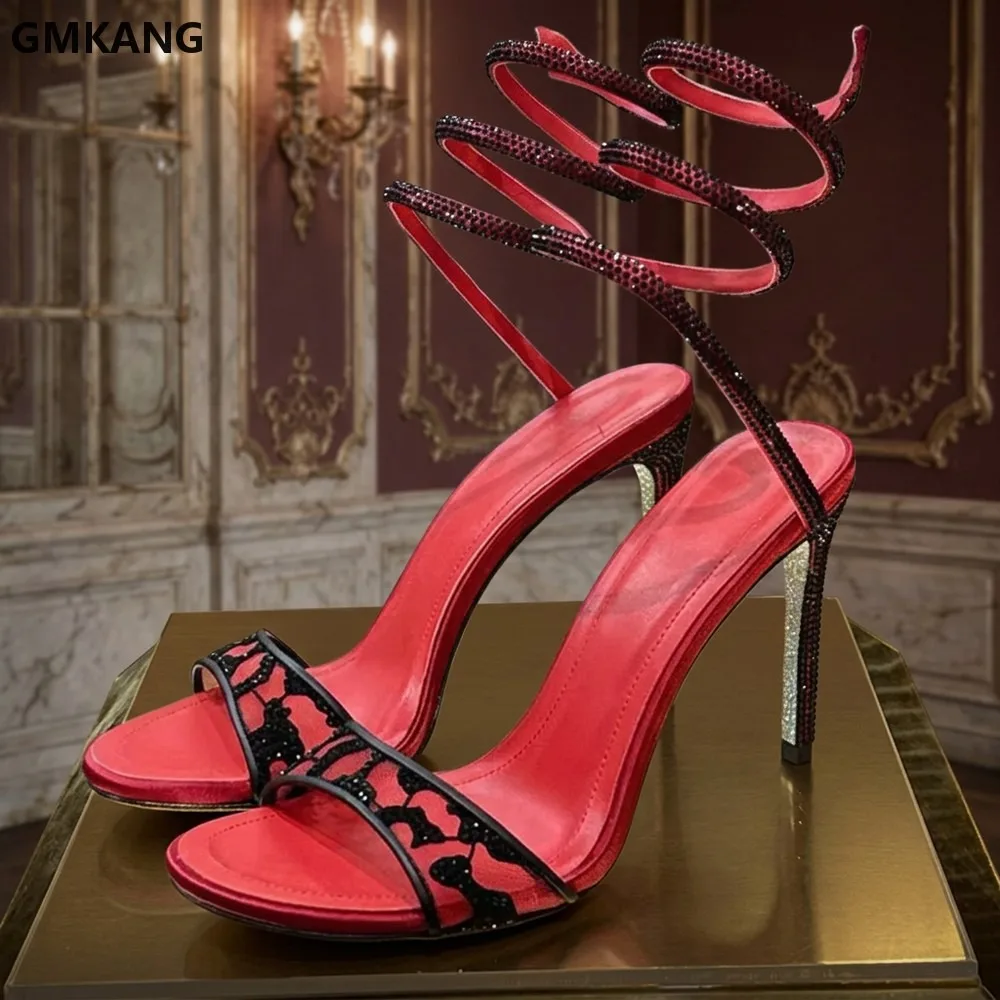 Women Crystal Ankle Wrap High Heel Sandals Sexy Open Toe Party Dress Shoes Elegant Stiletto Heels Summer Bridal Evening