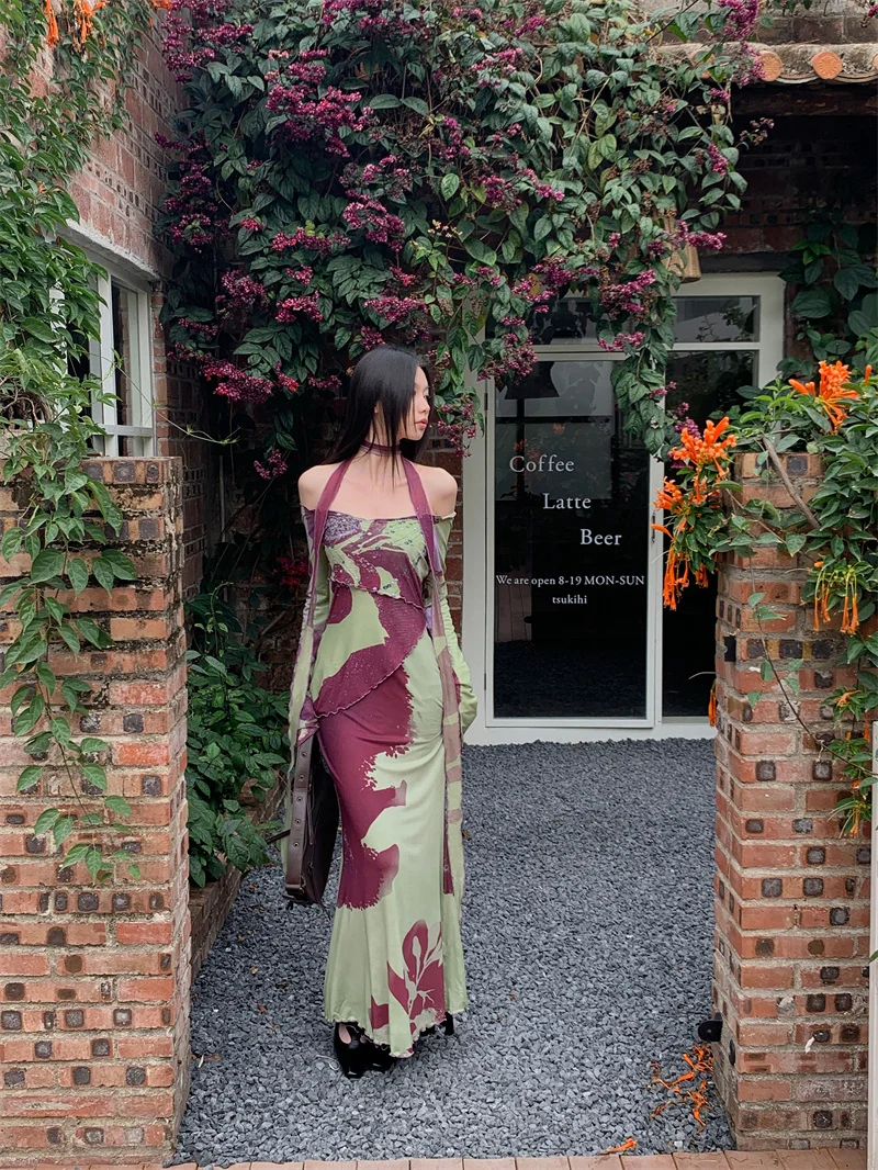 CHEERART Off The Shoulder Long Sleeve Mesh Maxi Dress 2024 Women Bodycon Tunics A Line Backless Ladies Long Dress Fall Fashion