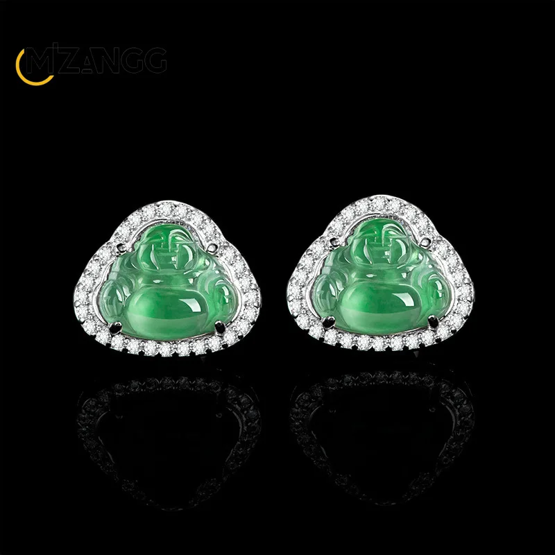 

Натуральные A-goods Jadeite серьги с Буддой S925 серебряные инкрустированные высококачественные модные ледяные нефритовые серьги для мужчин и женщин праздничный подарок