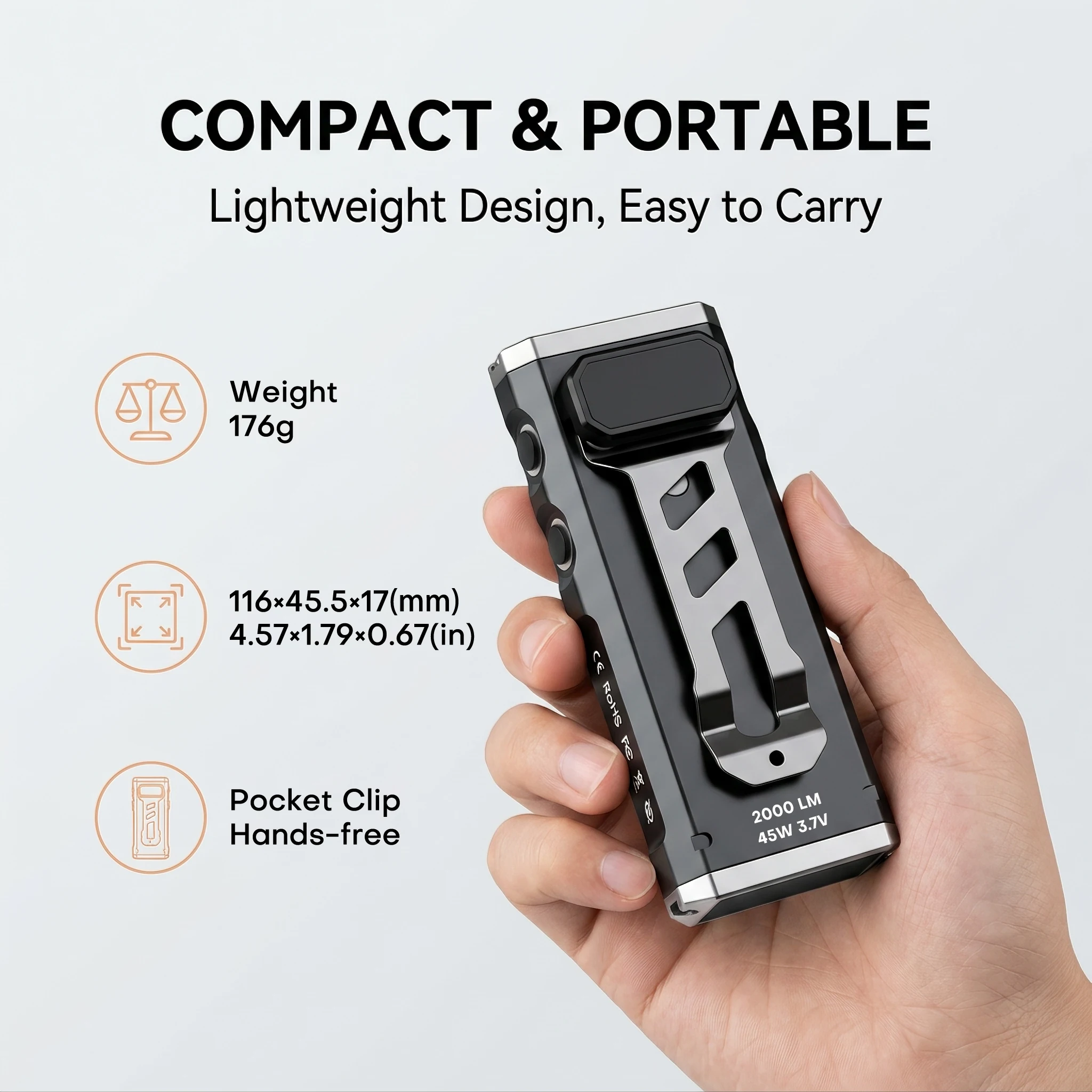 2000LM EDC Bright Flashlight, 11 Lighting Modes, RGB Color Light & Red Light, Magnetic Base, Pocket Clip, Stepless Dimming, Portable Torch for Outdoor Camping, Hiking & Car Repair