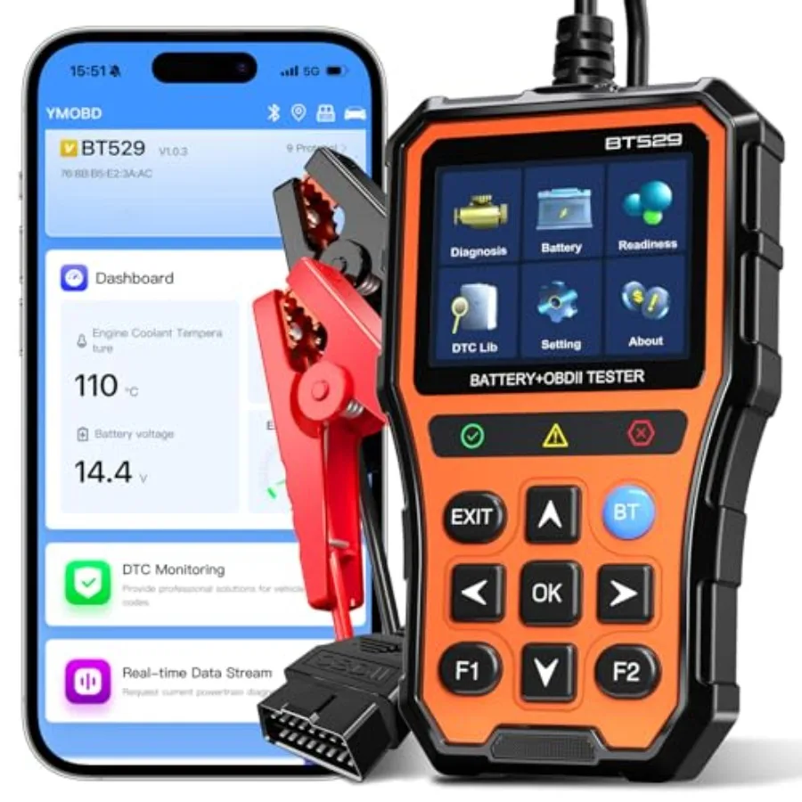 

BT529 Bluetooth OBD2 Scanner Car Battery Tester, 2-in-1 diagnostic tool for iPhone/Android, engine code reader, performance tes