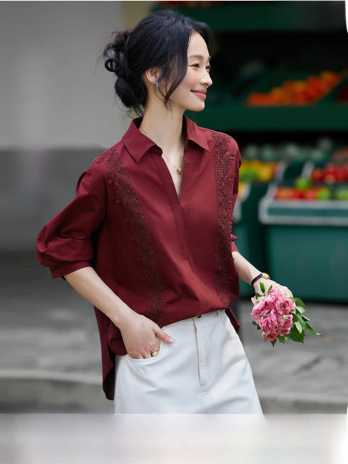 

Elegant Embroidered Long Sleeve Hollow out Shirt Women's Fashionable Top Cotton Casual Style Breathable Loose Fit Shirt
