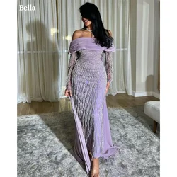 Bella Elegant Purple Off Shoulder Prom Dresses Glitter Mermaid Pleats Evening Dress Chiffon Draped Customized vestidos de fiesta