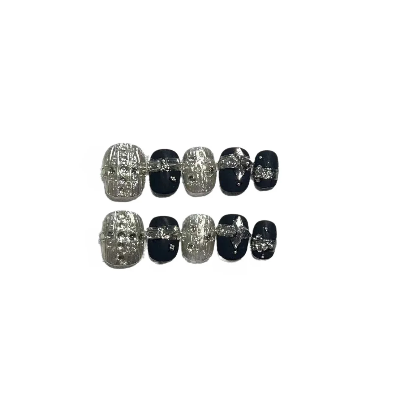 10 Pieces Press On Nails Handmade Black Frosted Mirror Jump Color Steel Beads Glitter Diamonds Short Fake Nail Patches Removable