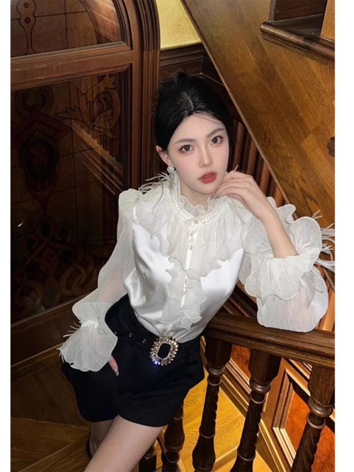 Elegant White Ruffle Blouse Women Autumn 2024 Retro Ostrich Feather Puff Sleeve Stand Collar See Through Shirts Ladies Top