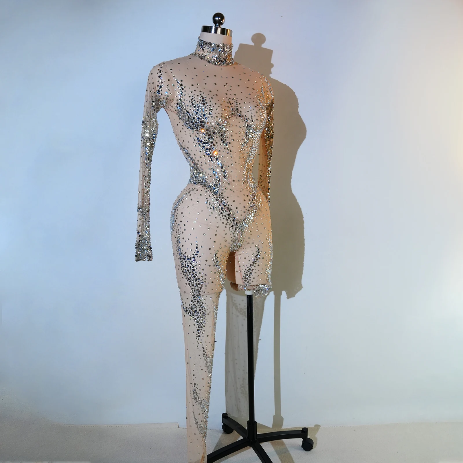 Glitter Female Luxury Rhinestones Mesh Transparent Jumpsuit Pole Dance Celebrity Party Wear Outfit Stage Stage Wear Performance