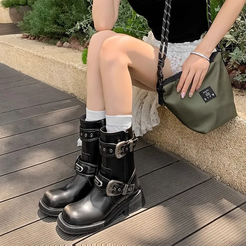 

Belts Buckles Mailard Motorcycle Boots For Women Square Toe Zapatos De Mujer Chunky Heel Western Botas Vaqueras Mujer Punk Style