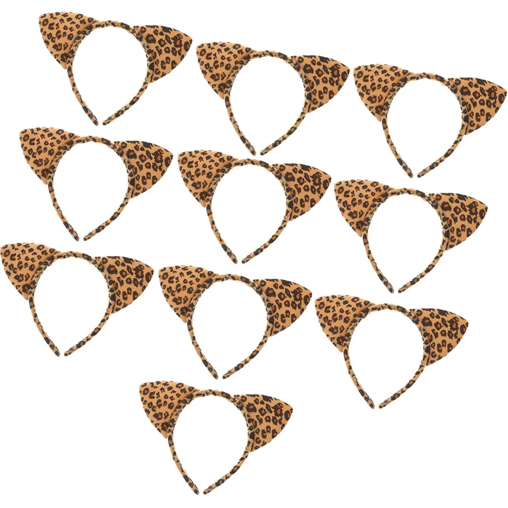 10Pcs Cat Ear Headband Leopard Pattern Firm Cloth Material Comfortable Slip Resistant Party Cosplay Headpiece for Women