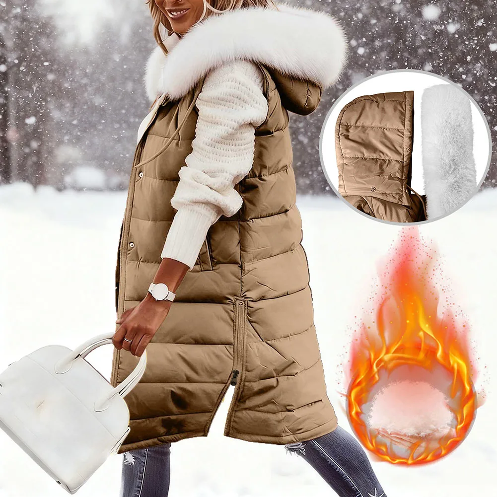 

Cotton Padded Waistcoat For Winter Women Winter Vest Slim Fit Women Waistcoat Hairy Collar Cotton-padded Mid-length