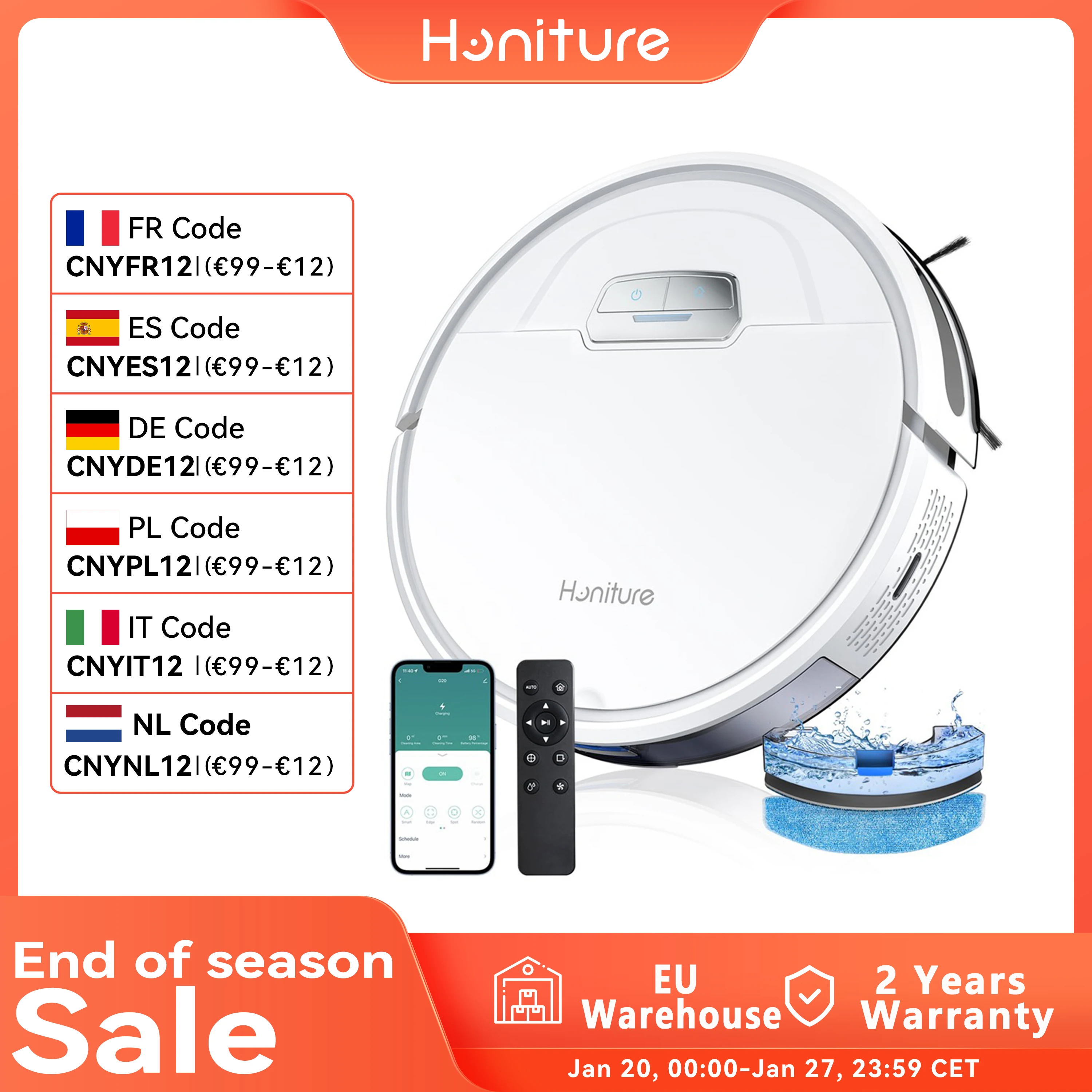 HONITURE Robot Vacuum Cleaner 4000Pa Smart Home Mop Sweeping & Dragging Integrated Self-Charging App&Remote&Voice Control