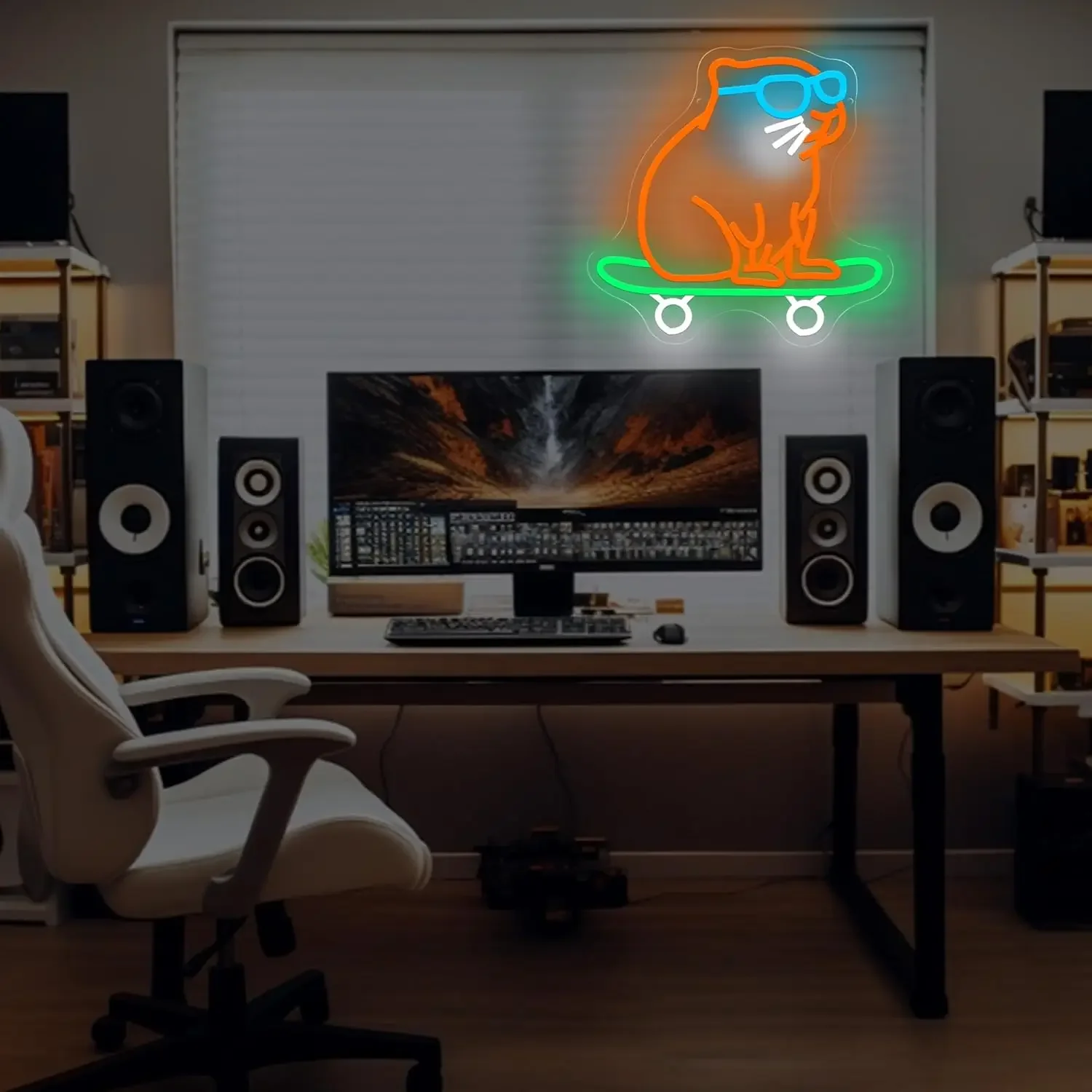 LED Capybara Skateboard Neon Sign for Wall Decor USB Dimmable Neon Light for Bedroom Man Cave Garage Decor Lover Birthday Gifts