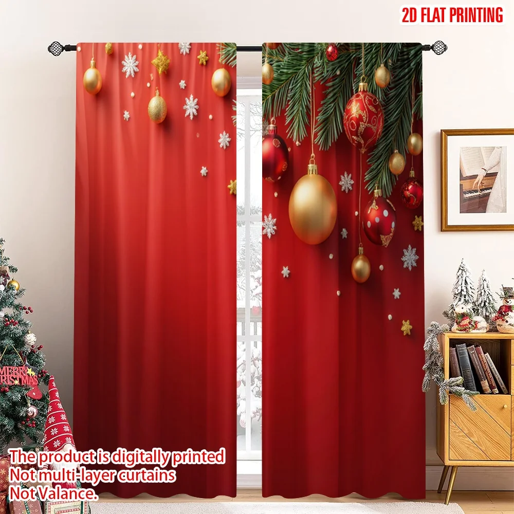 

2pcs 2D flat printing Merry Christmas Window Drapes Christmas Ornaments Fir Branches Sparkle Polyester Fabric Without