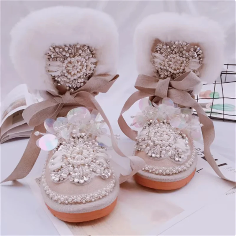 Rex rabbit hair beaded sequin fringe pearl rhinestone gemstone strap Snow boots fur one thick women's cotton shoes 35-40