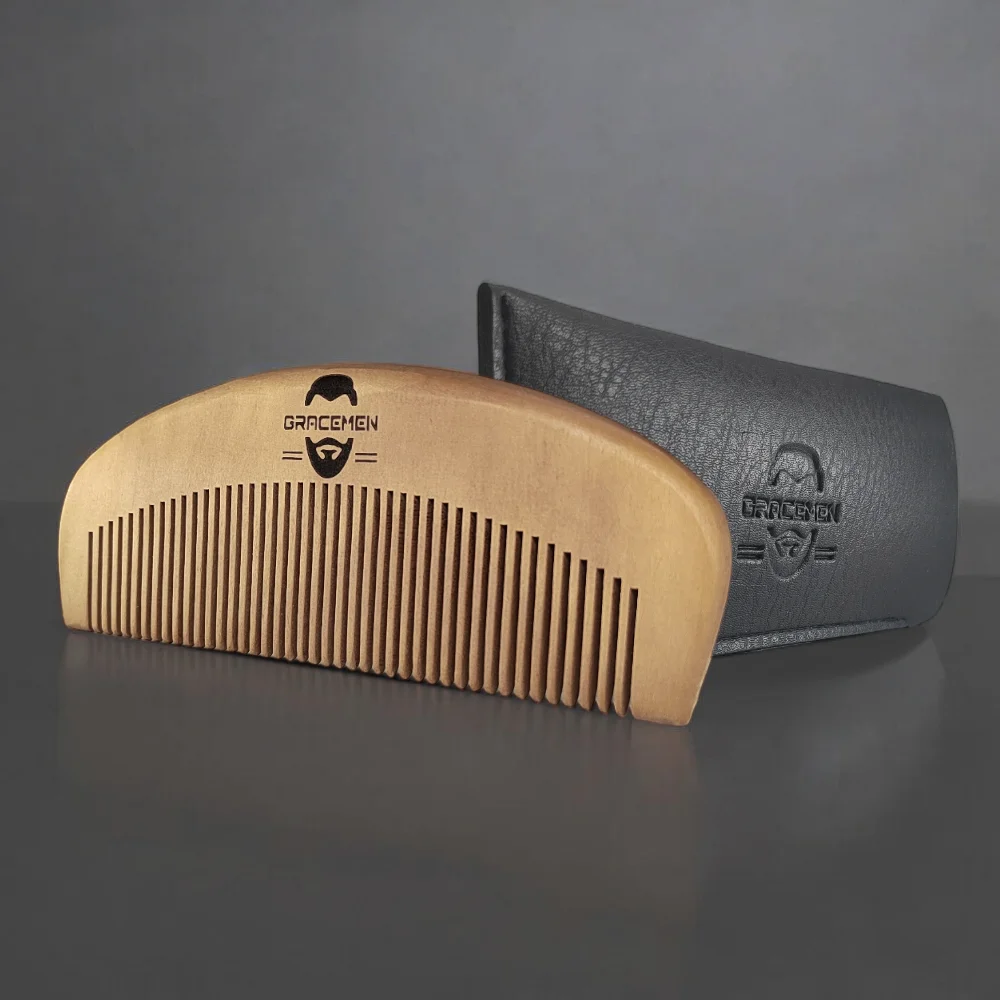 The Gracemen Wood Hair Comb Anti-Static Wooden Mustache Beard Comb Fine Teeth with PU Sleeve Case for Men & Women