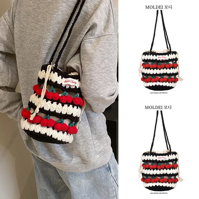 니트 가방 청년 일상 니트 뜨개질 손수건 단일 어깨 스트링 바구니 모양 가을 작은 편안한 니트 가방 니트 가방 