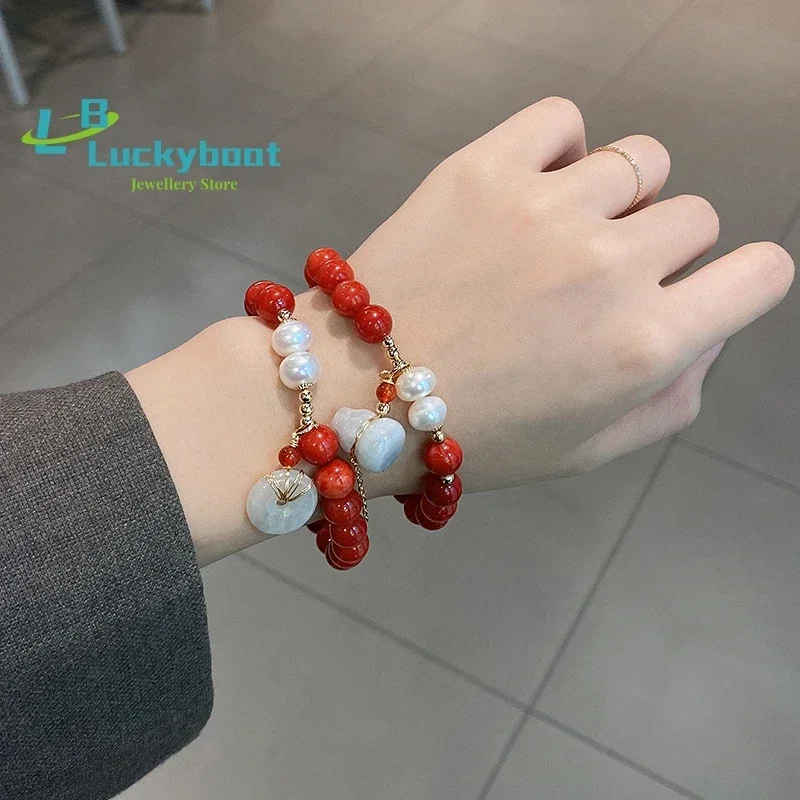 Fashion Pearl Chalcedony Bright Red Cinnabar Single Ring Bracelet Female Original Stone This Life Year Fortune Transfer Couple F