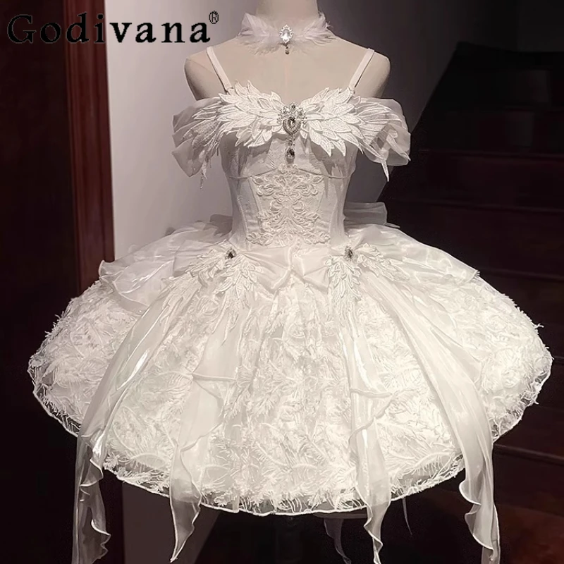 

Feather Princess Lolita Evening Dress Women's White Short Party Art Test Host Dress Girls Student Day Princess Sweet Dress