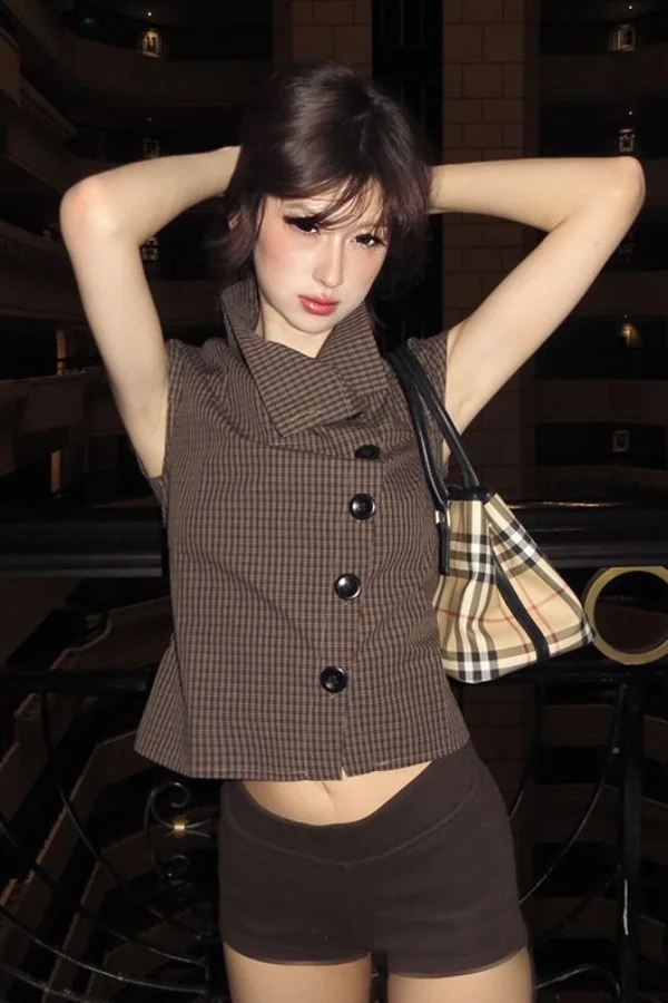 

Gagarich Plaid Shoulder Short Sleeved Shirt Women Summer Casual Stand Up Collar Shirt Slim Fit Slimming Spicy Girl Top Women Y2K