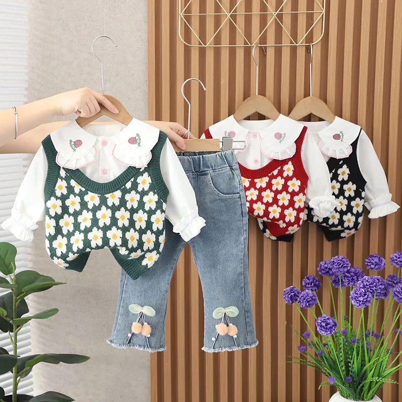 

2023 Autumn Korean Style Baby Girl 3PCS Clothes Set Flower Sweater Vest Long Sleeve Lapel Shirt Jeans Infant Toddler Girl Suit