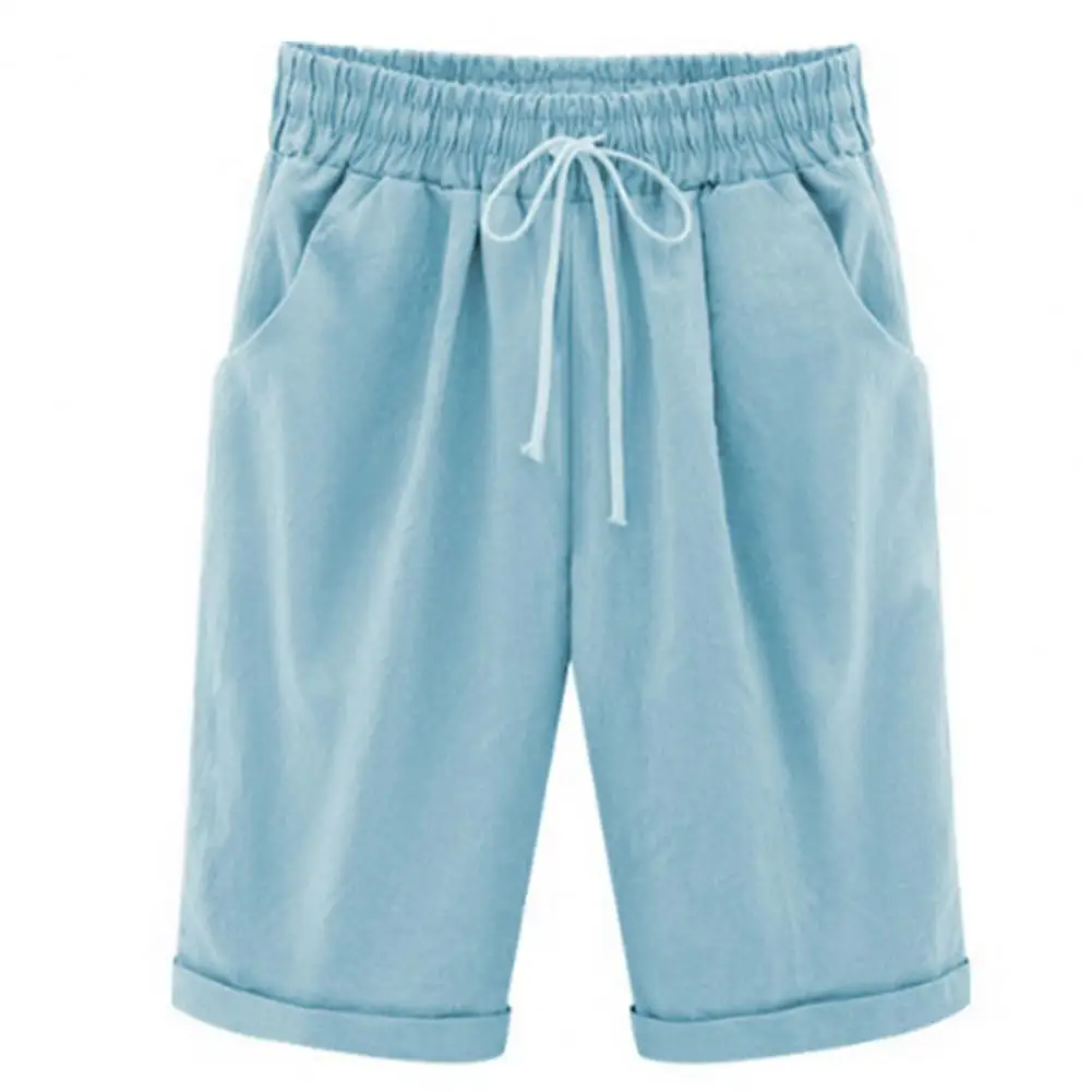 Summer Women Shorts Drawstring Elastic Waist Knee Length Wide Leg Loose Side Pockets Thin Plus Size Casual Pure Color Lady Short