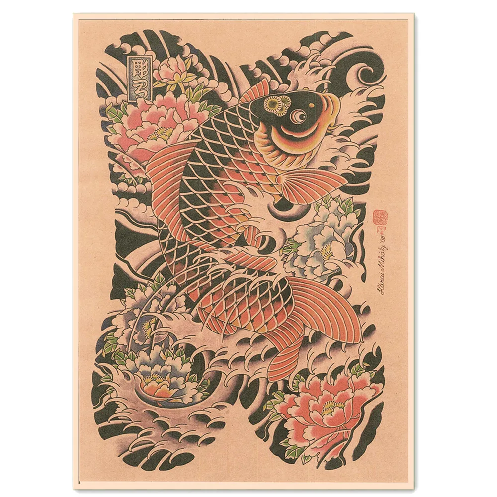 Carp Ukiyo-e Tattoo Art Wall Hanging Pictures Vintage Kraft Paper Poster Poster and Prints Home Decor Painting Room Wall Sticker