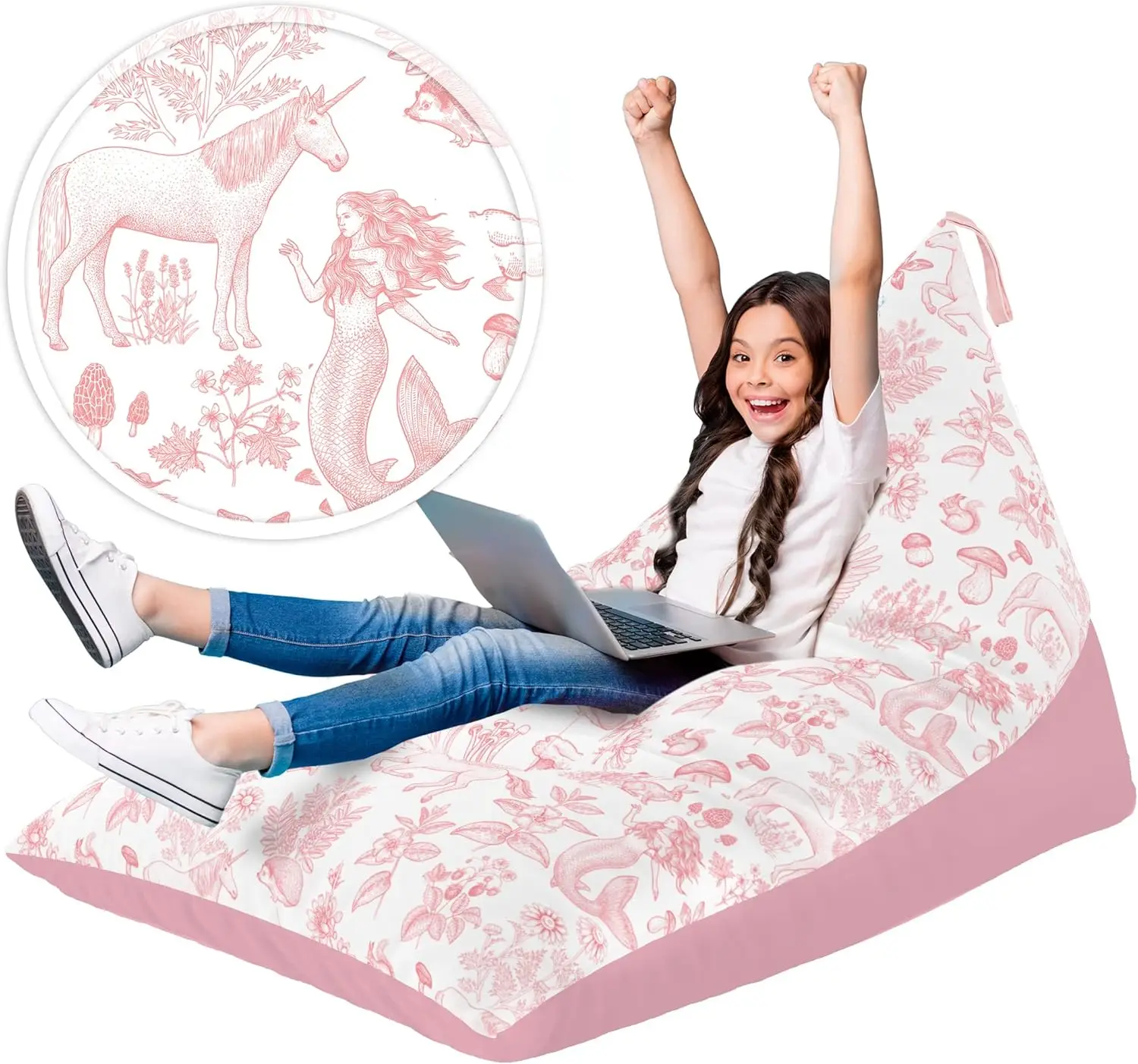 

Кресло-мешок XL из хлопкового холста для детей и взрослых, дизайн с розовым единорогом, наполнитель не входит в комплект