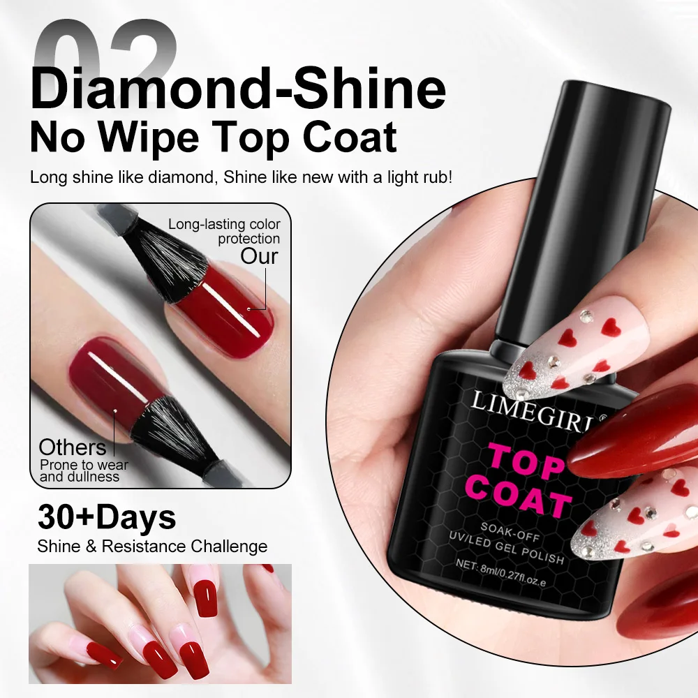 LIMEGIRL 8 ml No Wipe Gel Top Coat Base Coat und Matte Top Coat Kit für Shine Finish Langlebige Nägel Art Design Maniküre Geschenke