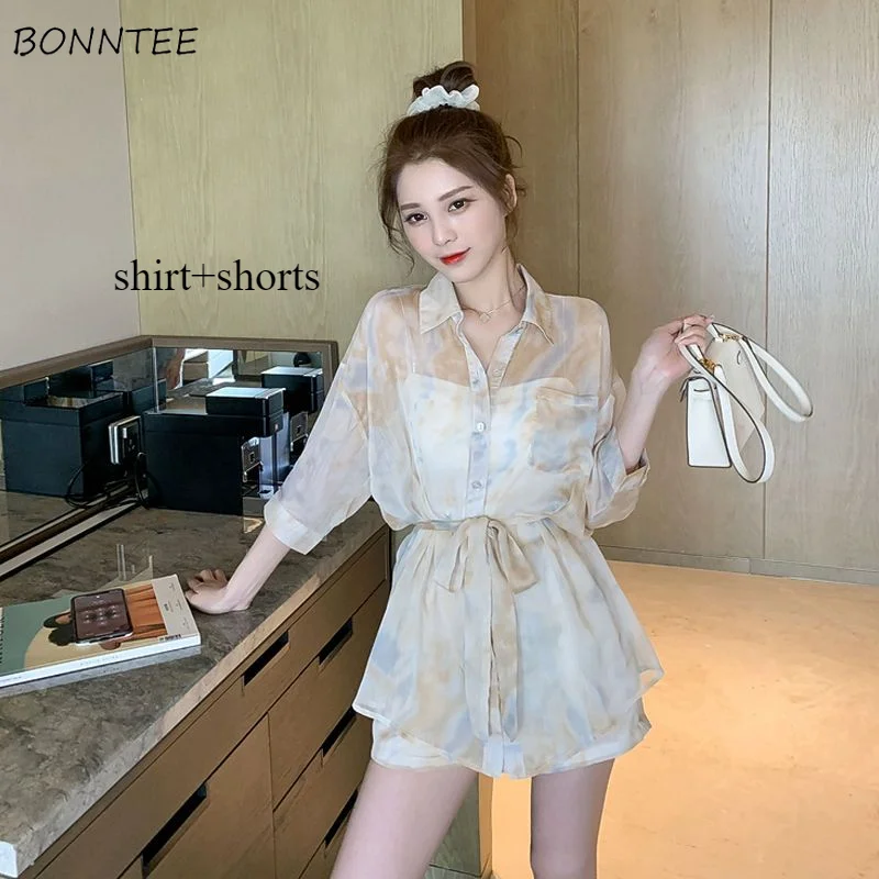 Sets Women Chiffon Sun-proof Shorts Shirt Two-piece Casual Loose Popular Korean Fashion Cozy Daily Summer Tie-dye Outfits Y2k